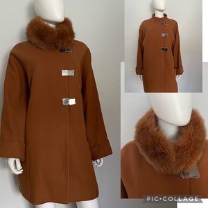 SALE🔥NWT WOMEN‎ WINTER WOOL BLEND COAT OVERSIZED REAL FUR COLLAR RAGLAN SLEEVES